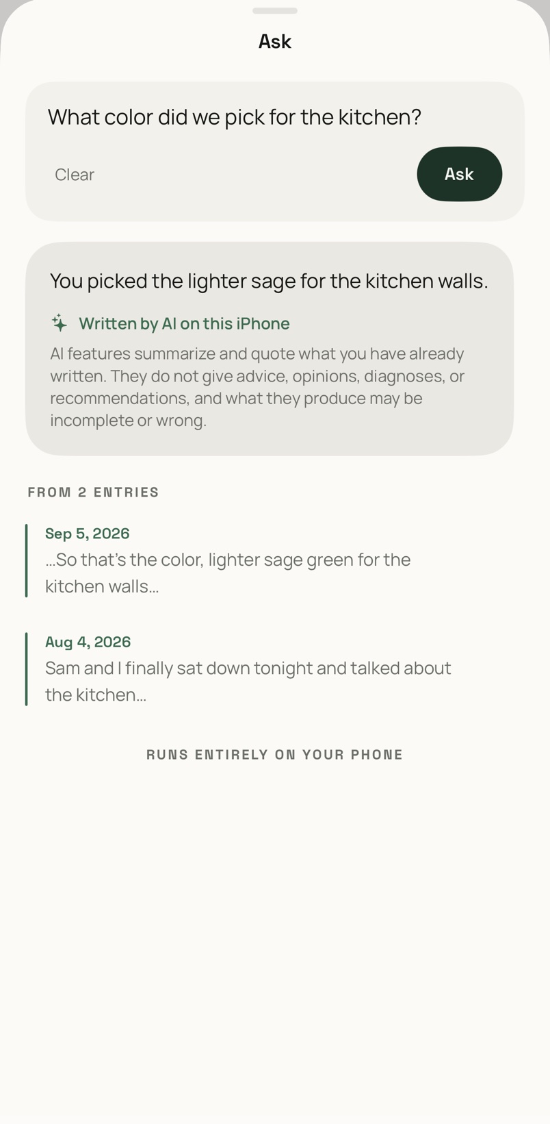 The Ask screen. The question What color did we pick for the kitchen? is answered with a line from the journal, and the two entries it came from are shown below.