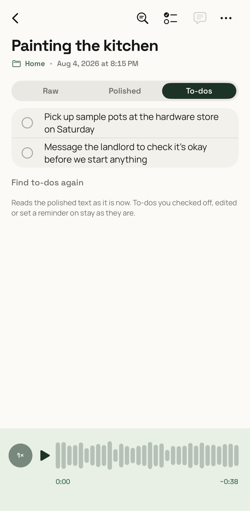 The To-dos tab of an entry called Painting the kitchen, listing Pick up sample pots at the hardware store on Saturday and Message the landlord to check it's okay before we start anything.